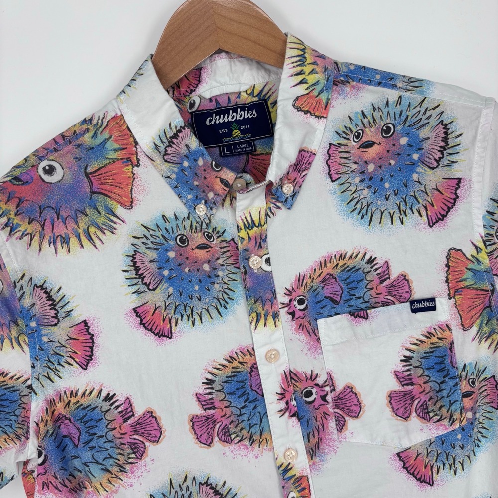 Chubbies Pufferfish Short Sleeve Button Down Shirt Mens Large Stretch Preppy